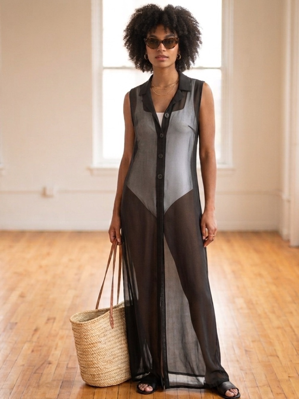 Breaking Loose Sheer Black Maxi Shirt Dress Swim Coverup XS